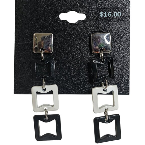 Modern Ophelia Roe Black & White Geometric Drop Silver Tone Earrings - Picture 6 of 6